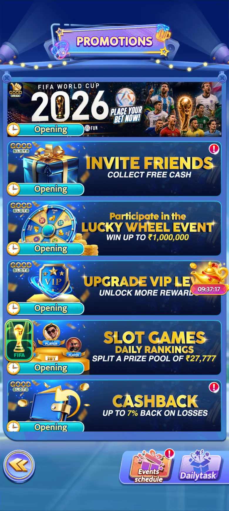 Good Slots promotions screen with invite, lucky wheel and cashback rows