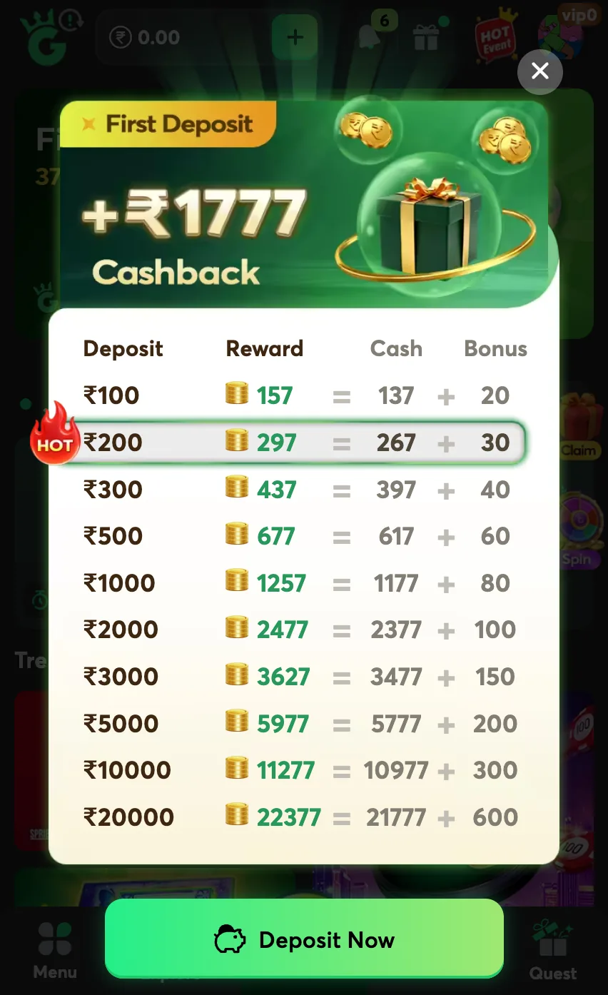 Good Slots first deposit cashback table up to 1777 rupees