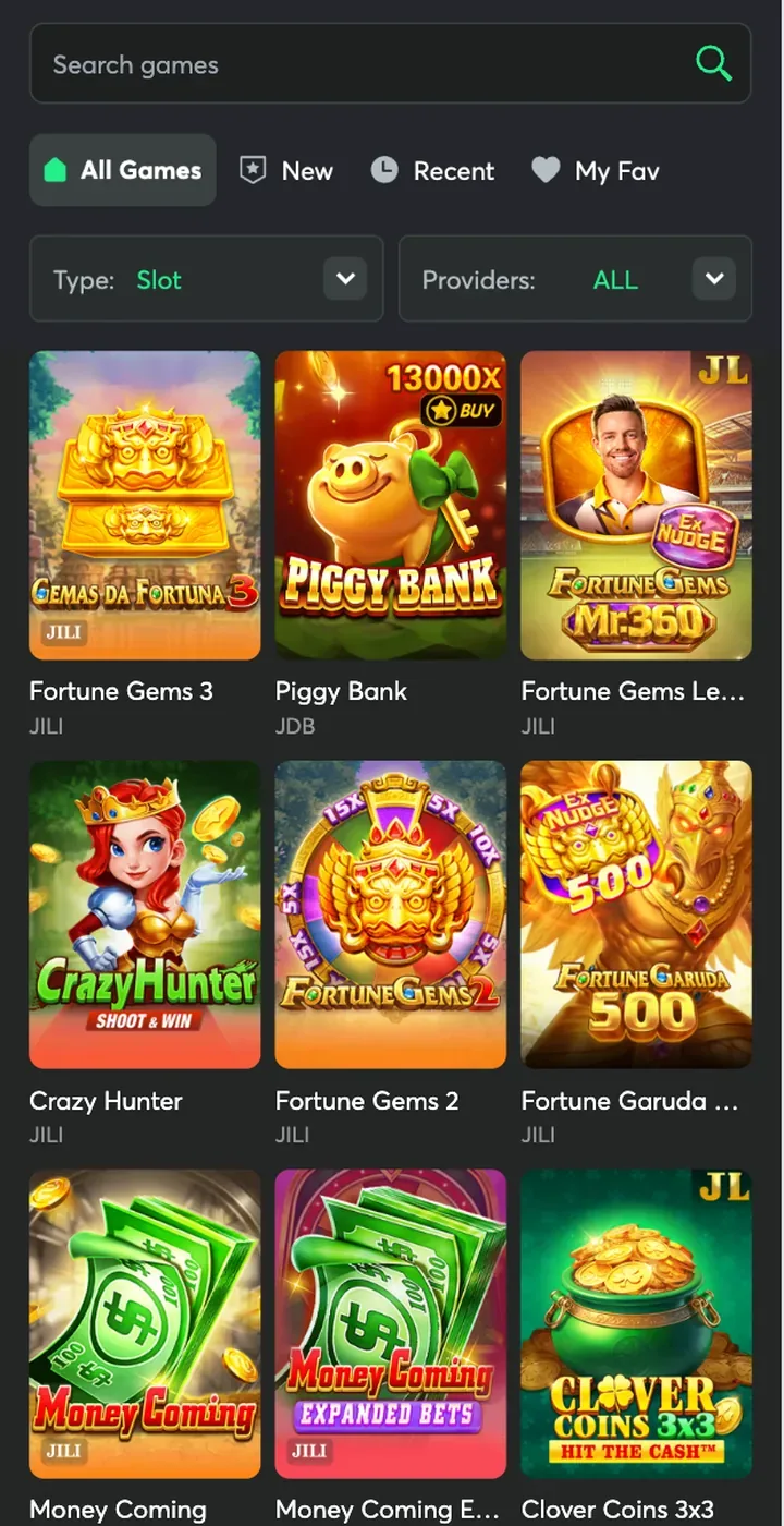 Good Slots slots lobby with Fortune Gems, Piggy Bank and Money Coming