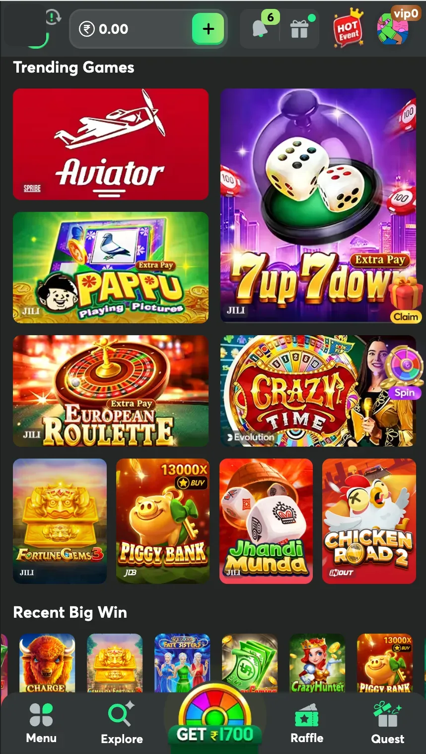 Good Slots lobby after login: Trending Games with Aviator and 7 Up 7 Down