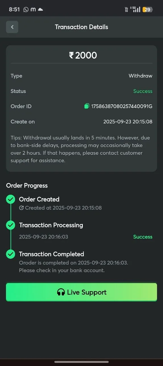 Good Slots UPI withdraw Success ticket for 2000 rupees dated 23 Sep 2025